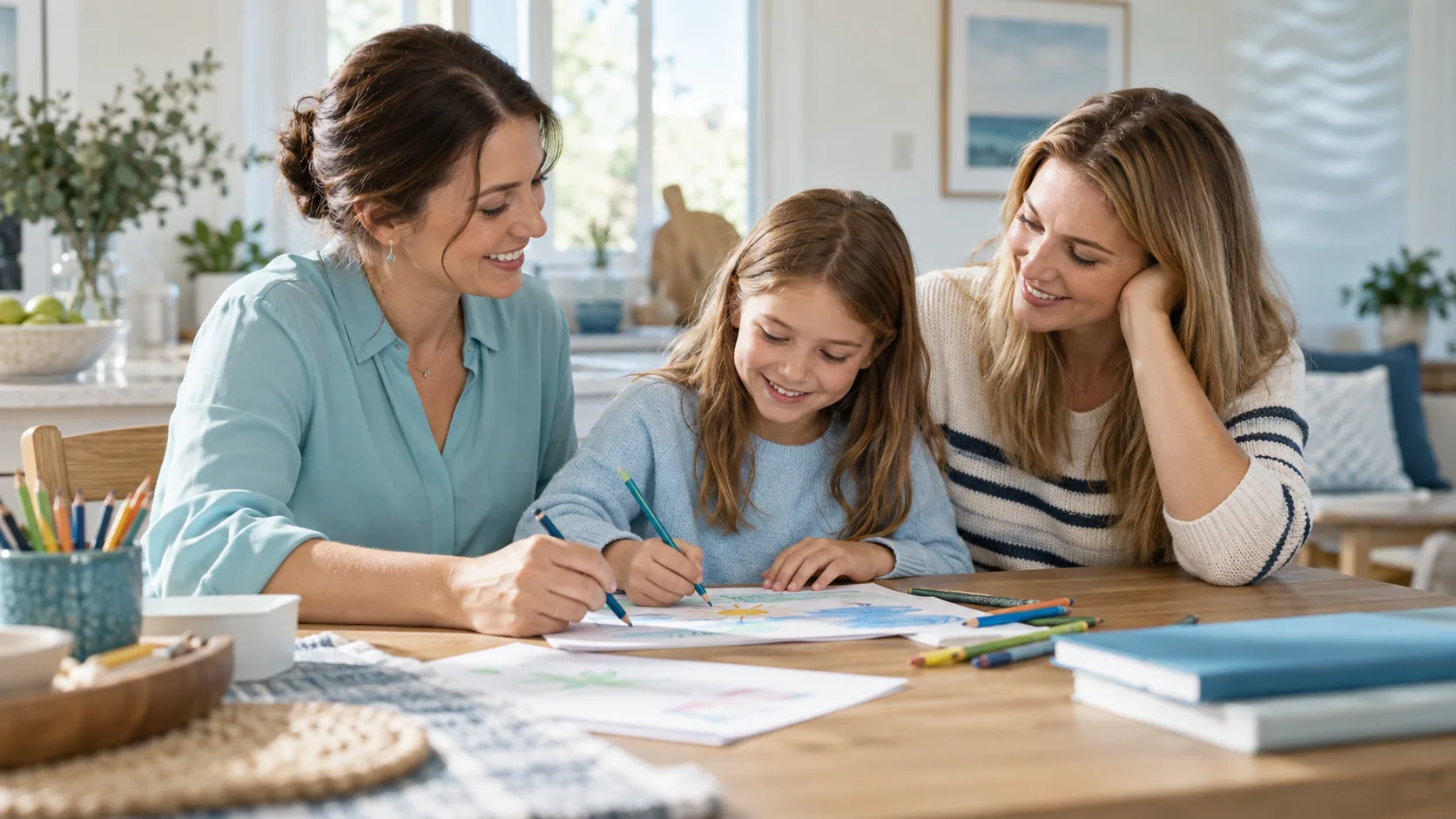 Illustration: a family and a support professional planning together at home
